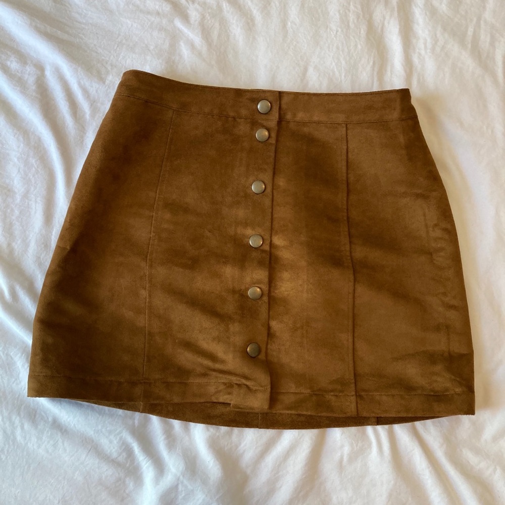 Suede front button mini skirt